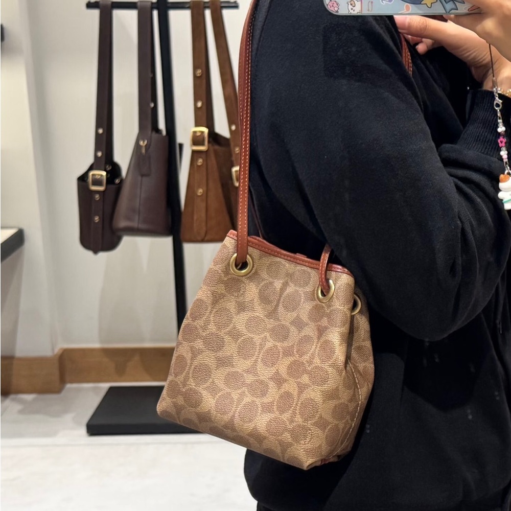 Coach Tan/Brown Signature Canvas Drawstring Shoulder Bag